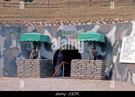 South Koreans guarding entrance to  tunnels built by North Korea. In all 4 tunnels were built by the North Koreans and only detected in 1974., Korean Dimilitarized Zone, DMZ Line Stock Photo