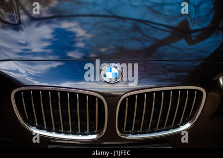 lipetsk, Russia - 25 april 2015: BMW . BMW German beast. Black BMW, car hood, car logo Stock Photo