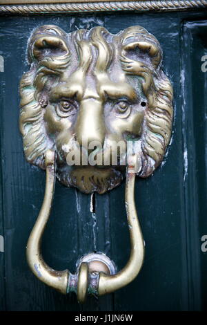 A brass lion door knocker on a green door Stock Photo