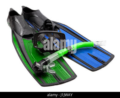 Mask, snorkel and flippers of different colors. Diving gear isolated on ...