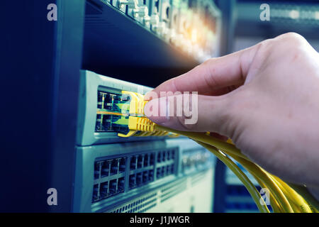 hand of administrator holding network cables connected to servers Stock Photo