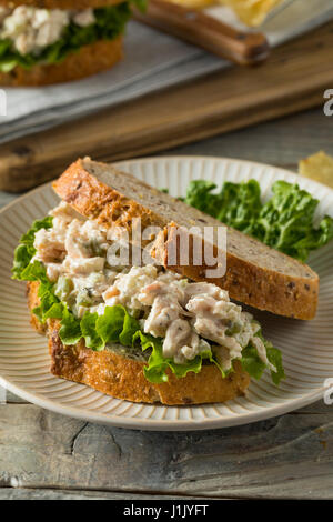Homemade Healthy Chicken Salad Sandwich with Chips Stock Photo