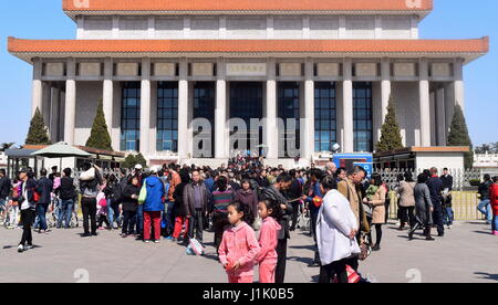 Crowds of visitors by Mao Zedong mausoleum in Tiananmen square, Beijing, China Stock Photo