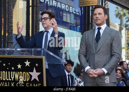 LA, California, USA. 21st April, 2017.  Director James Gunn with Chris Pratt  Chris Pratt is Honored With A Star On The Hollywood Walk Of Fame, Los Angeles, USA - 21, April 2017 in front of the El Capitan Theatre on Hollywood Boulevard  Photo© Jim Smeal/Alamy Live News Stock Photo