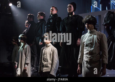 London, UK. 21 April 2017. Photocall for the World Premiere of The Braille Legacy, a new musical inspired by the story of Louis Braille, the inventor of a system of reading and writing for use by the blind or visually impaired. Directed by Thom Southerland with Jack Wolfe as Louis Braille, Jason Broderick as Gabriel Gauthier and Jerome Pradon as Dr Pignier. © Bettina Strenske/Alamy Live News Stock Photo