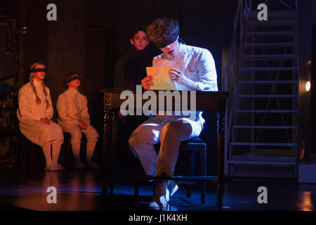 London, UK. 21 April 2017. Jack Wolfe as Louis Braille. Photocall for the World Premiere of The Braille Legacy, a new musical inspired by the story of Louis Braille, the inventor of a system of reading and writing for use by the blind or visually impaired. Directed by Thom Southerland with Jack Wolfe as Louis Braille, Jason Broderick as Gabriel Gauthier and Jerome Pradon as Dr Pignier. © Bettina Strenske/Alamy Live News Stock Photo