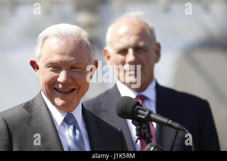 San Ysidro, CA, USA. 21st Apr, 2017. Attorney General Jeff Sessions, smiles after his first joint appearance along America's Southern border with US Senator Ron Johnson from Wisconsin, not shown, and Homeland Security Secretary John Kelly, right. Credit: John Gastaldo/ZUMA Wire/Alamy Live News Stock Photo