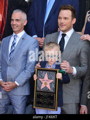 Chris Pratt Star 044 and son Jack at the Chris Pratt Star ceremony on the Hollywood Walk of Fame in Los Angeles. April 21, 2017 Stock Photo