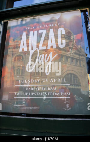 Melbourne, Australia. 22nd Apr, 2017. Commemorative posters in Melbourne as the city prepares to mark Anzac Day on 25 April to as part of the 102nd centenerary to commemorate the the landings by Australian and New Zealand Army Corps in Gallipoli Turkey on 25 April 1915 Credit: amer ghazzal/Alamy Live News Stock Photo