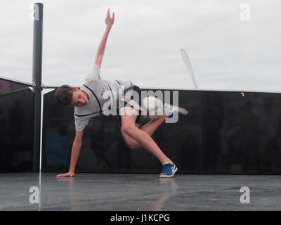 Newquay, Cornwall, UK, 22st April 2017. Football freestyling at Fistral Beach as one of the UK`s newest sports entertains the crowds. Young athletes from as far as Kurdistan performed elaborate highly skiedll moves with a football to wow the judges.  Newquay, Cornwall, UK.  Robert Taylor/Alamy Live News Stock Photo