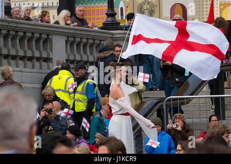 Trafalgar Square, London, UK. 22nd Apr, 2017. London celebrates St Georges Day at the Mayor of London's annual Feast of St George. The square is lined with stalls selling traditional English food, inspired by the 13th century origins as a day of feasting. St Georges Day falls on the 23rd April. Credit: Malcolm Park/Alamy Live News Stock Photo