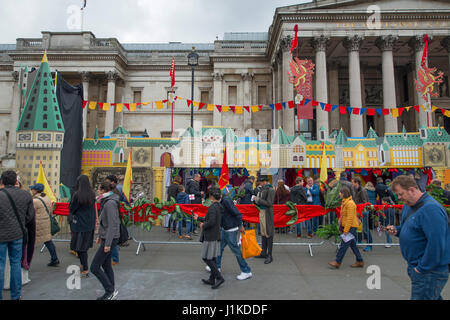 Trafalgar Square, London, UK. 22nd April, 2017. London celebrates St Georges Day at the Mayor of London’s annual Feast of St George. The square is lined with stalls selling traditional English food, inspired by the 13th century origins as a day of feasting. St Georges Day falls on the 23rd April. Credit: Malcolm Park/Alamy Live News Stock Photo
