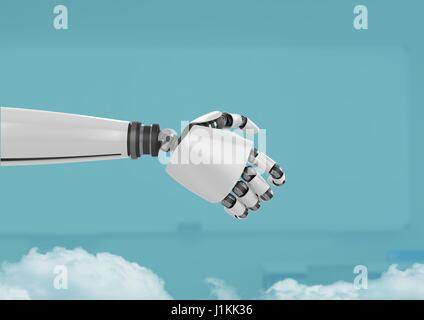 Digital composite of Android Robot hand closed handshake with blue background Stock Photo