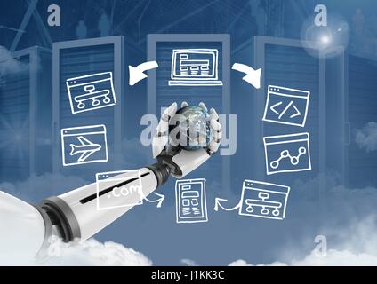 Digital composite of Android hand holding planet earth with screen computer drawings graphics Stock Photo