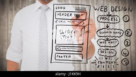 Digital composite of Business man with marker and website mock up against blurry wood panel Stock Photo