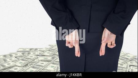 Digital composite of Midsection of businesswoman crossing fingers with banknotes in background Stock Photo