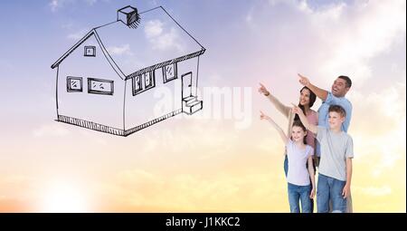 Digital composite of Digitally generated image of family gesturing on house drawn in sky Stock Photo