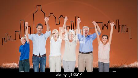 Digital composite of Digital composite image of happy family with arms raised standing against buildings in background Stock Photo