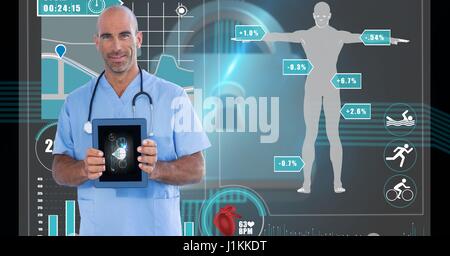 Digital composite of Confident surgeon showing medical report on device with human figure on screen in background Stock Photo