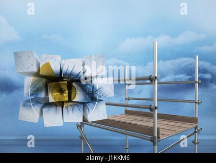 Digital composite of Eye on blocks in sky with 3D Scaffolding Stock Photo