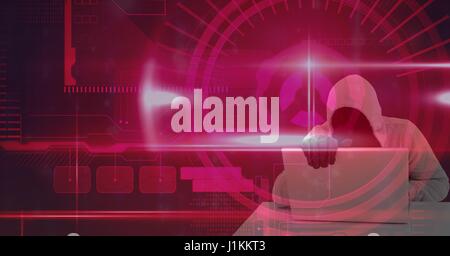 Digital composite of Digital composite image of hacker using laptop over pink screen Stock Photo