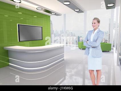 Digital composite of Happy  business woman in the office, in front of the window Stock Photo