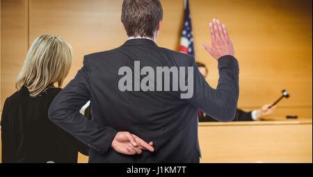 Digital composite of Men swearing in the judge with fingers crossed Stock Photo