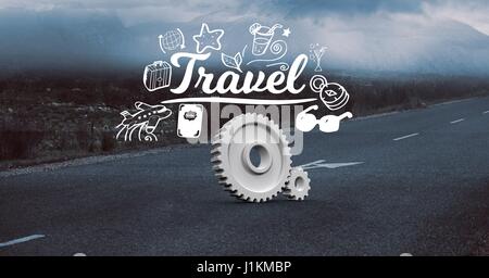 Digital composite of Digital composite image of gears with travel text on road Stock Photo