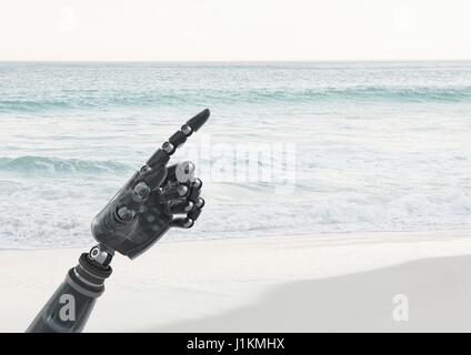Digital composite of Android Robot hand pointing with sea background Stock Photo
