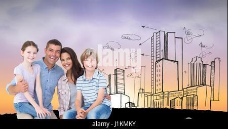Digital composite of Digitally generated image of happy family with buildings in background Stock Photo