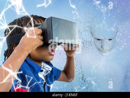 Digital composite of Kid in VR against 3D male shaped binary code against blue background and white network Stock Photo