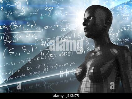 Digital composite of 3D black female AI against wall with math doodles Stock Photo