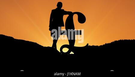 Digital composite of Businesswoman standing by pound sign on mountain during sunset Stock Photo
