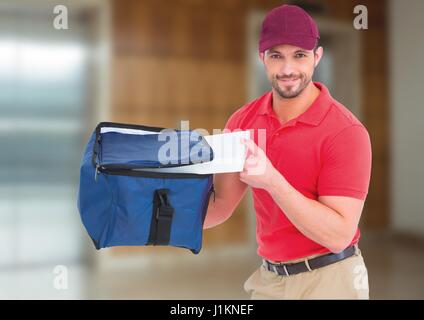 Digital composite of Happy pizza deliveryman with delivery bag and boxes in front of the elevator Stock Photo
