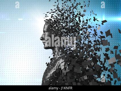 Digital composite of 3D black male AI against blue dotted background with flares Stock Photo