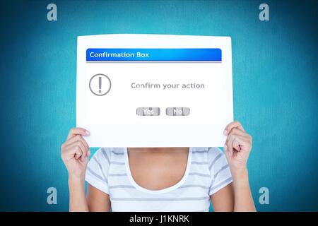 Digital composite of Woman holding confirmation box sign in front of face Stock Photo