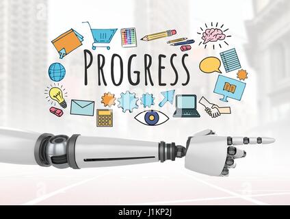 Digital composite of Android hand pointing and Progress text with drawings graphics Stock Photo