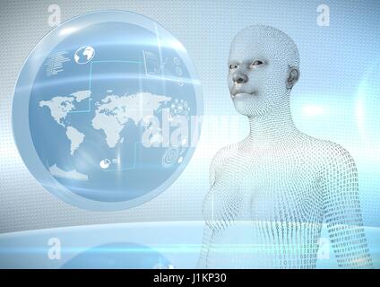 Digital composite of 3D female shaped binary code AI against globe and flares Stock Photo