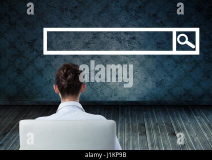 Digital composite of Woman seated looking at Search Bar with room background Stock Photo