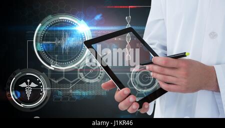 Digital composite of Midsection of doctor writing on transparent screen Stock Photo