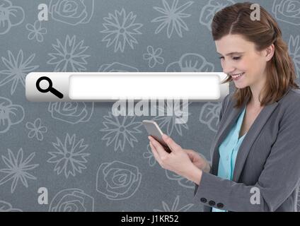 Digital composite of Woman on phone with Search Bar with pattern background Stock Photo