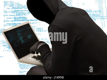 Digital composite of Black jumper hacker with out face with computer, white and blue code background Stock Photo