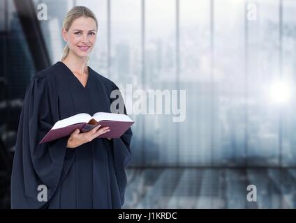 Digital composite of Judge holding book in front of windows Stock Photo