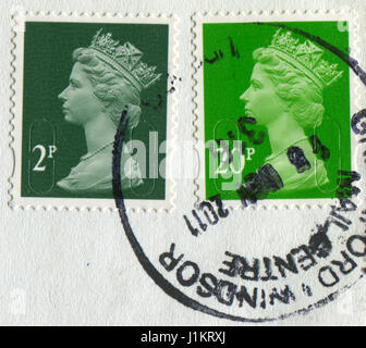GOMEL, BELARUS, APRIL 20, 2017. Stamp printed in UK shows image of  The Elizabeth II has been Queen of the United Kingdom, Canada, Australia, and New  Stock Photo