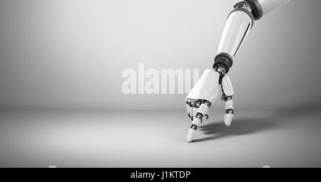 Digital composite of Android Robot hand pointing with grey background Stock Photo