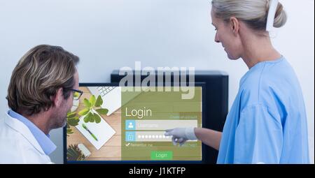 Digital composite of Medical staff looking at signup page on monitor Stock Photo