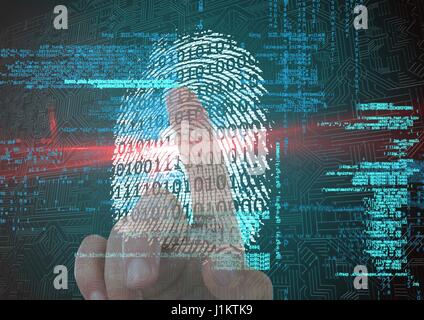 Digital composite of fingerprint scan with binary code and red flare. finger on back Stock Photo