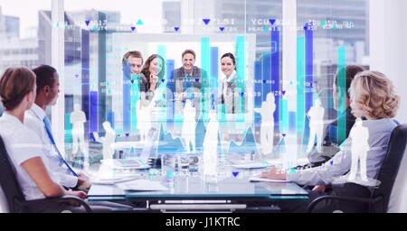 Digital composite of Digital composite image of employees and tech graphics against business people in conference room Stock Photo