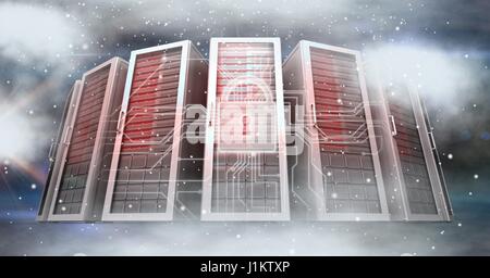 Digital composite of Digitally generated image of servers and icons in sky Stock Photo