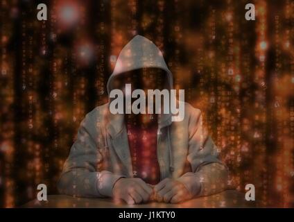 Digital composite of Red t shirt hacker with out face in the desk red code Stock Photo